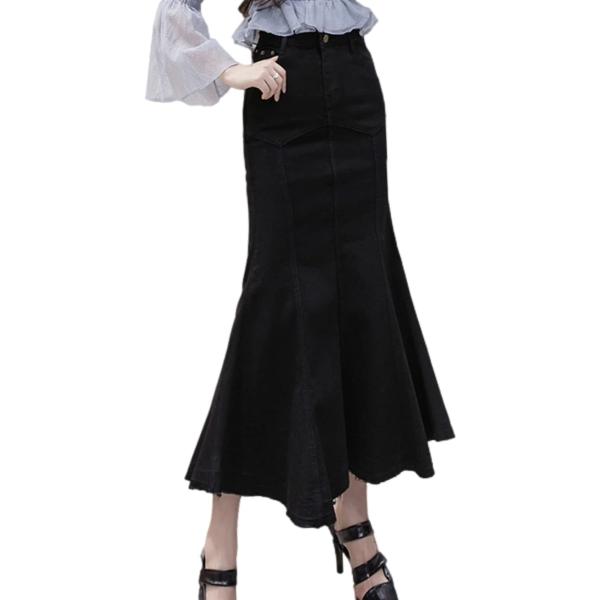 デニム スカート レディース マーメイド ロング ハイウエスト 5サイズ 2色 BN86 BLK(ブ...