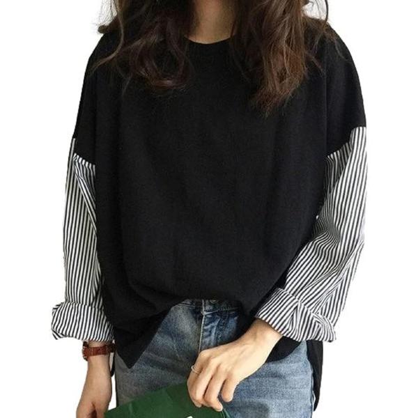 ニブンノイチプラス t シャツ ブラウス 袖 ストライプ ドッキング レイヤード 風 レディース 黒...