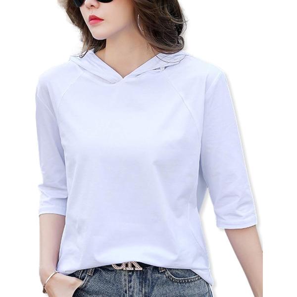 パーカー Tシャツ カットソー フード 付き 半袖 薄手 6分袖 フーディー レディース(ホワイト,...