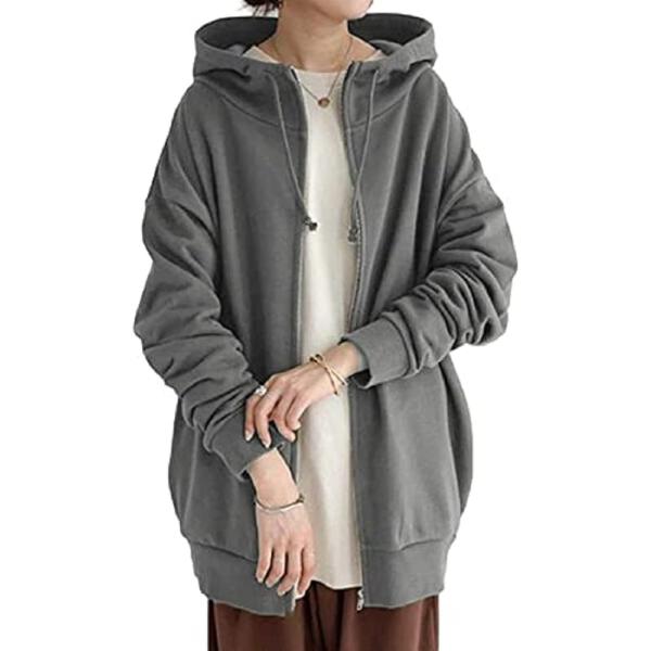 ニブンノイチプラス パーカー ジップ アップ 薄手 裏起毛 無地 カーディガン レディース グレーー...