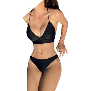 ビキニ セット 水着 ブラジリアン バック クロス スイムドレス 三角 ヒップアップ パッド入り ワイヤーなし MDM (ブラック, L)