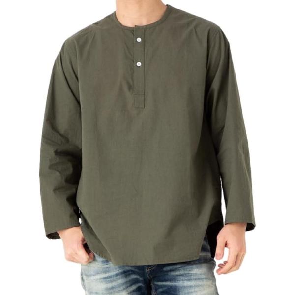 ゆったり 襟なし メンズ シャツ スリーピングシャツ ヘンリーネック プルオーバー(カーキグリーン,...