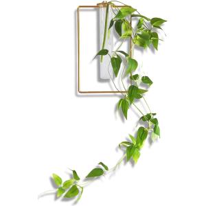 壁掛け 花瓶 フェイクグリーン 吊り下げ セット インテリアグリーン おしゃれ 試験管(緑、ゴールド, スクエア（植物つき）)
