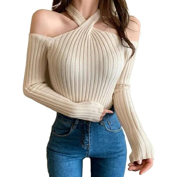 ニット レディース セクシー 長袖 セーター トップス オフショルダー タイト(ベージュ,  Fre...