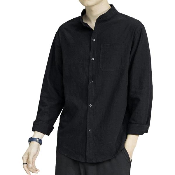 スタンドカラー ベーシックシャツ きれいめ カジュアル 長袖 メンズ(ブラック,  2XL)
