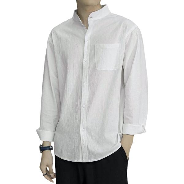スタンドカラー ベーシックシャツ きれいめ カジュアル 長袖 メンズ(ホワイト,  XL)