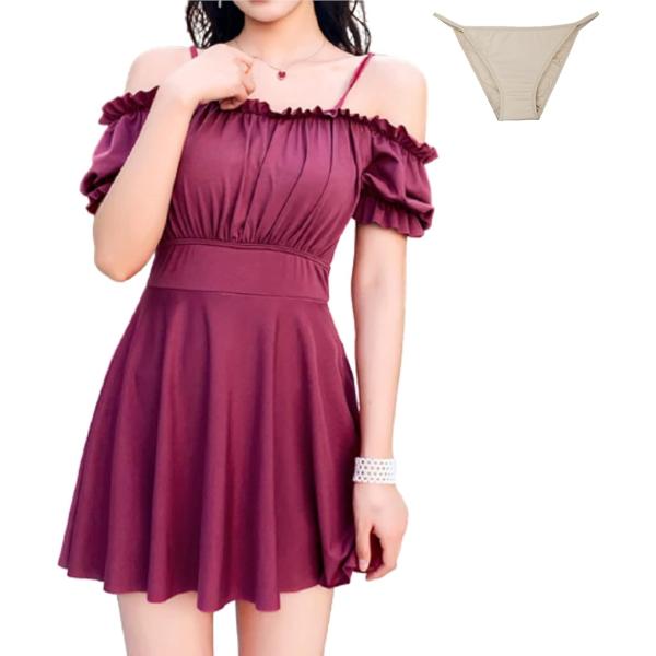 ワンピース 水着 レディース オフショルダー 体型カバーできるパフスリーブ ハイウエスト 大きいサイ...