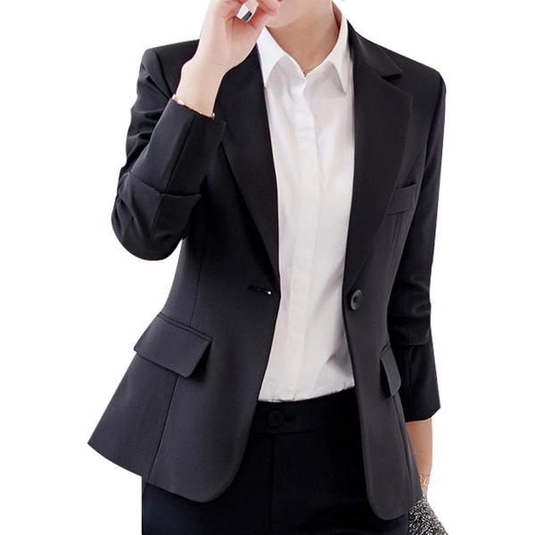 テーラード ジャケット レディース 1つボタン 長袖 シンプル ブラック パール装飾ボタン(ブラック...