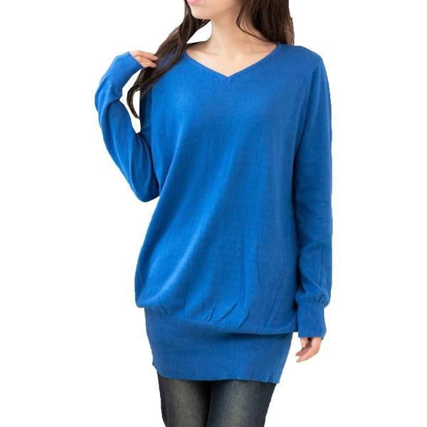 ゆったり 綿100% ニット ワイド リブ プルオーバー セーター Vネック レディース(ブルー, ...