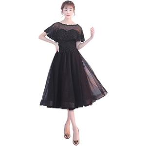 パーティードレス ミモレ丈 結婚式 ワンピース ロング フォーマルドレス S678(ブラック,  M...