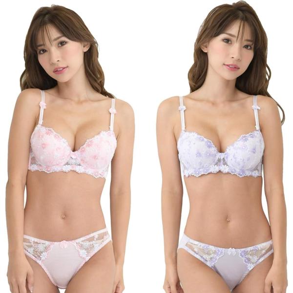 レディース ブラ ブラジャー ショーツ 下着 上 セット 女性 カップ 取り外し(ピンク＆パープル,...
