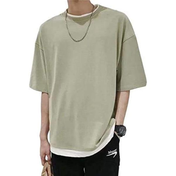 Tシャツ メンズ 半袖 シンプル 無地 お洒落 重ね着風 ゆったり 五分袖 春 夏(グリーン,  2...