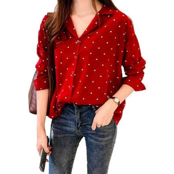 長袖 ブラウス シャツ ドット シフォン とろみ Vネック XXL (レッド,  2XL)