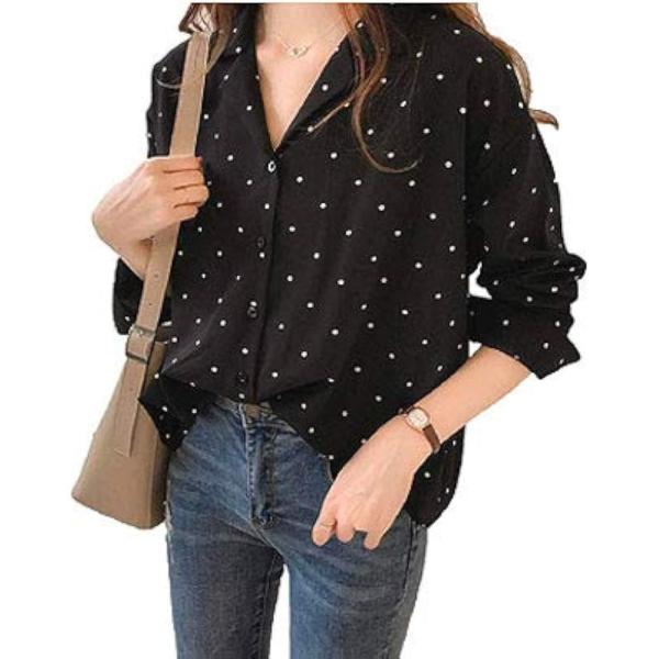 長袖 ブラウス シャツ ドット シフォン とろみ Vネック XXL (ブラック,  2XL)