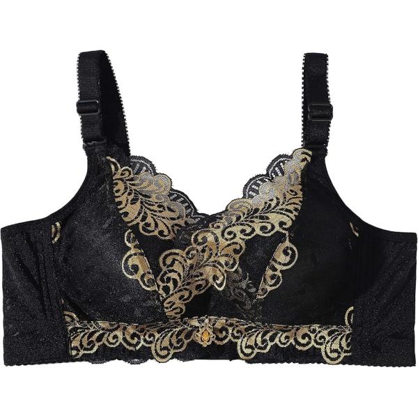 大きいサイズ レース ノンワイヤー ブラジャー メッシュ仕様 ブラック・ゴールド(ブラック/ゴールド...