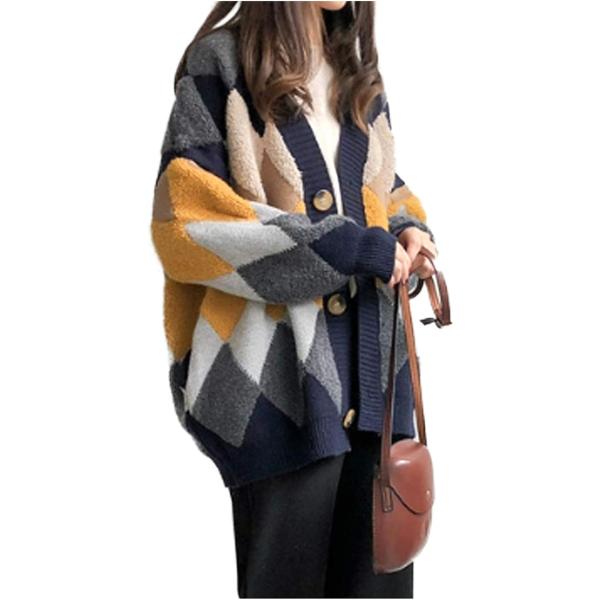 カーディガン ニット 厚手 シンプル カジュアル(ネイビー,  XL)