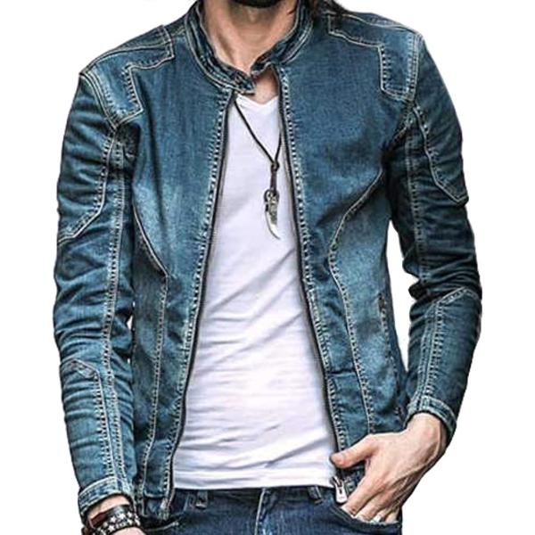 ヴィンテージ スタンドカラー デニム ライダース ジャケット(インディゴブルー,  2XL)