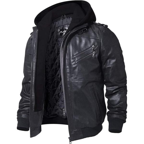 メンズ レザージャケット ライダースジャケット コート 本革 豚革 取り外し可能 フード付き MDM...