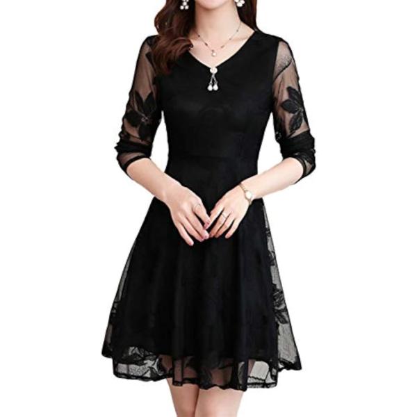 BN1_PTYSTLS_BXL パーティー ドレス ワンピース vネック 長袖 シースルー 花柄 ミ...