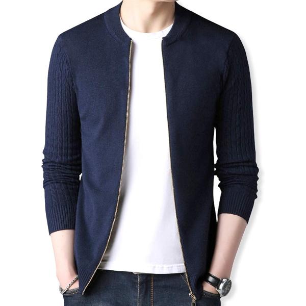 ニット ジャケット メンズ ブルゾン タイト セーター(ネイビー,  XL)