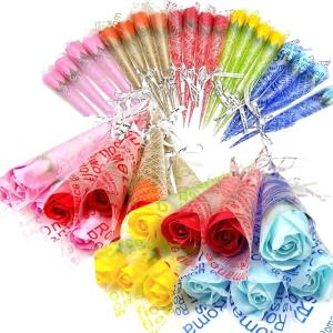 枯れないお花 ソープフラワー 一輪 ブーケ 個別包装 手提げバッグ セット (ミックスカラー25本, Medium)