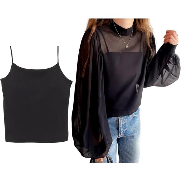 ブラウス＋キャミセット レディース シャツ インナーキャミ ボリュームスリーブ モックネック シアー...