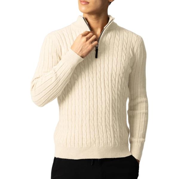 肌触り良く、暖かい セーター メンズ ハーフジップ ハイネック 秋冬 冬物 メンズセーター (オフホ...