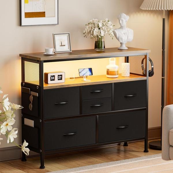 チェスト収納 箪笥 棚付き リビング収納チェストLEDライト付きおしゃれ 収納ケースタンス 引き出し...