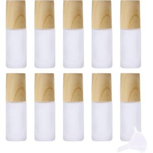 ロールオンボトル 遮光瓶 アトマイザー アロマ 容器 精油 木目キャップ + 漏斗付き (クリア, 5ml x 10個)