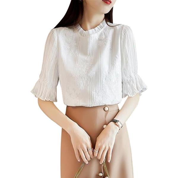 ブラウス シャツ レディース 長袖 半袖 白 レース 刺繍 花柄 オフィス フォーマル(ホワイト（半...