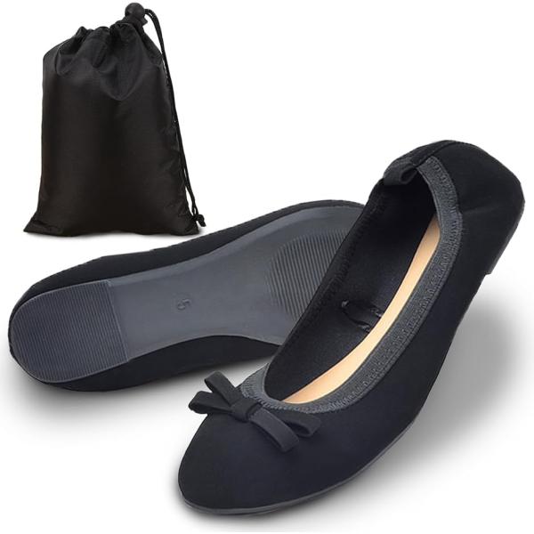 携帯スリッパ レディース リボン パンプス フォーマル 折りたたみ 学校 お受験 (ブラック,  2...
