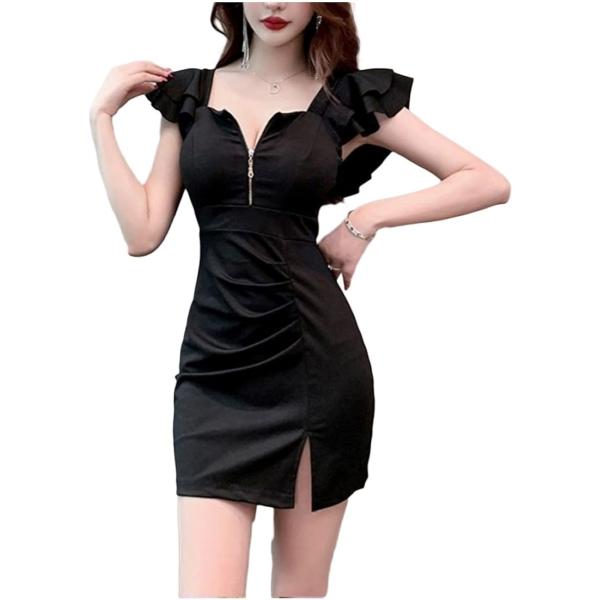 ワンピース レディース セクシー 半袖 フロントジップ キャバ嬢 ドレス ボディコン ミニ スリット...