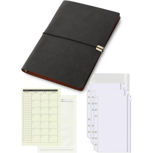 【互換品】レザー調 6穴 バインダー ゴム留め 6穴バインダー リフィル付き チャック袋つき PUレ...