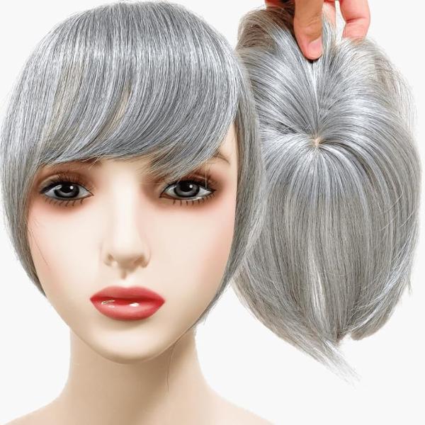 部分ウィッグ かつら ヘアピース ポイントウィッグ 白髪 グレイヘアー 女性 レディース 人工毛(白...