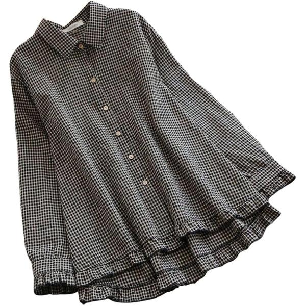 長袖 チェック柄 ブラウス レディース シフォン チュニック 襟なし ブラック(ギンガムチェック柄ブ...