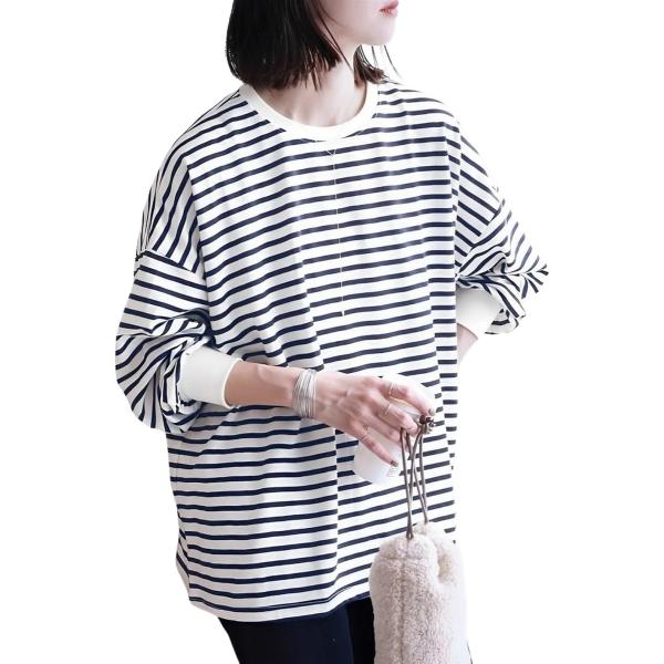 フォーリーフ ゆったり 可愛い カットソー トップス Tシャツ 長袖 クルーネック ボーダー 無地 ...