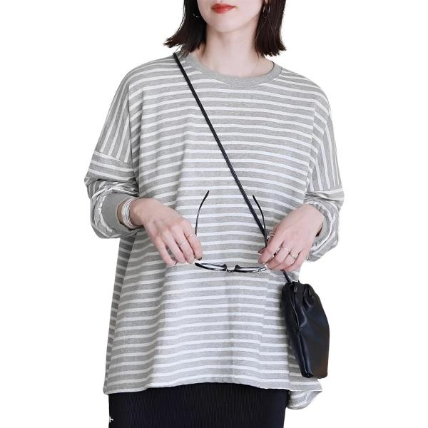 フォーリーフ ゆったり 可愛い カットソー トップス Tシャツ 長袖 クルーネック ボーダー 無地 ...