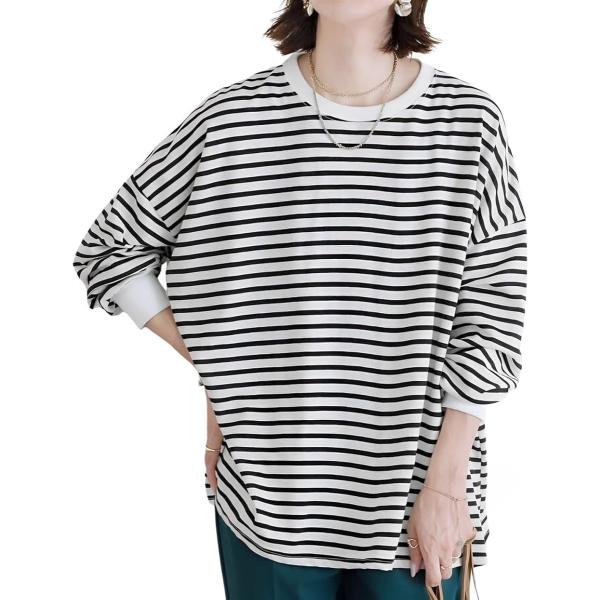 フォーリーフ ゆったり 可愛い カットソー トップス Tシャツ 長袖 クルーネック ボーダー 無地(...