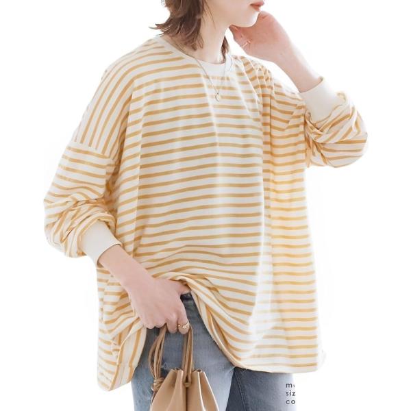 フォーリーフ ゆったり 可愛い カットソー トップス Tシャツ 長袖 クルーネック ボーダー 無地 ...