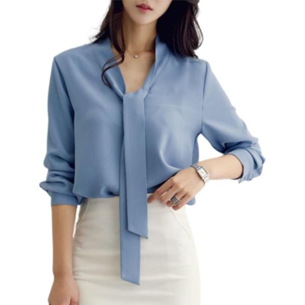 シャツ ブラウス ボウタイ レディース オフィス 長袖 カットソー プルオーバー フォーマル(ブルー...