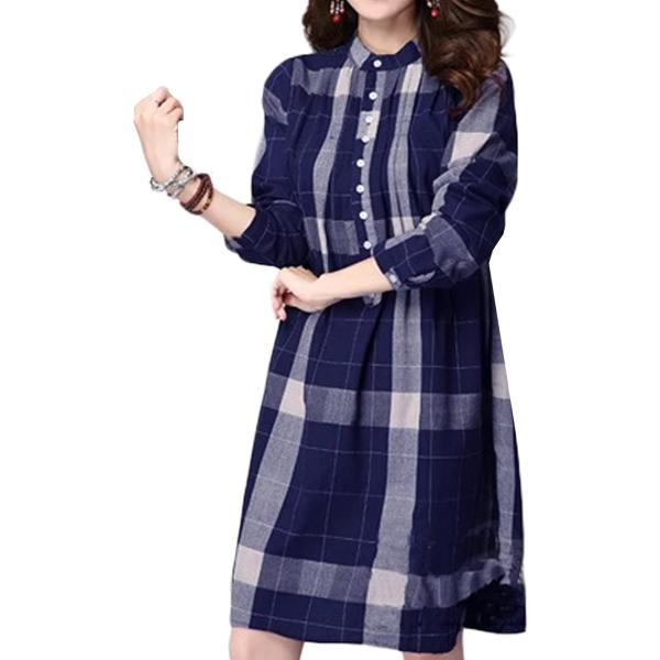 シャツワンピース レディース ブラウス ボタンダウン 7分袖(ネイビー,  L)