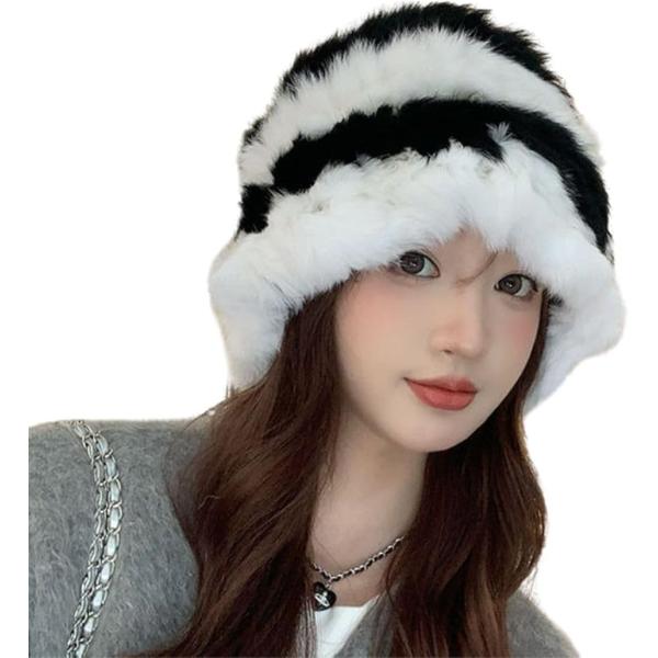 ファー 帽子 レディース ラビットファー もこもこ ふわふわ 可愛い プラッシュ バケットハット(ブ...