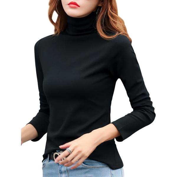 タートルネック カットソー 長袖 レディース ハイネック トップス ロング Tシャツ(ブラック,  ...