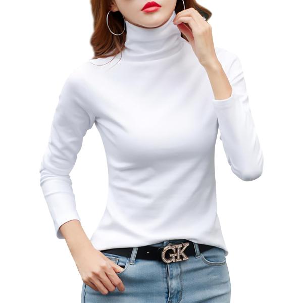 タートルネック カットソー 長袖 レディース ハイネック トップス ロング Tシャツ(ホワイト,  ...