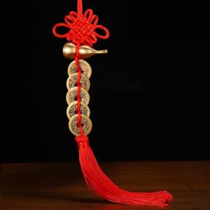 瓢箪銭串 ひょうたん 銅製古銭5枚付き 赤い房飾り付き 置物 運気アップ 金運 財運 コレクション MDM(ゴールド, 30 センチメートル)