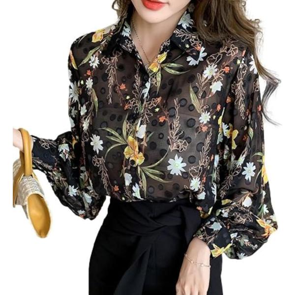 シフォンブラウス レディース フラワープリント ドット柄 パフスリーブ 長袖 シアー スタンダードカ...