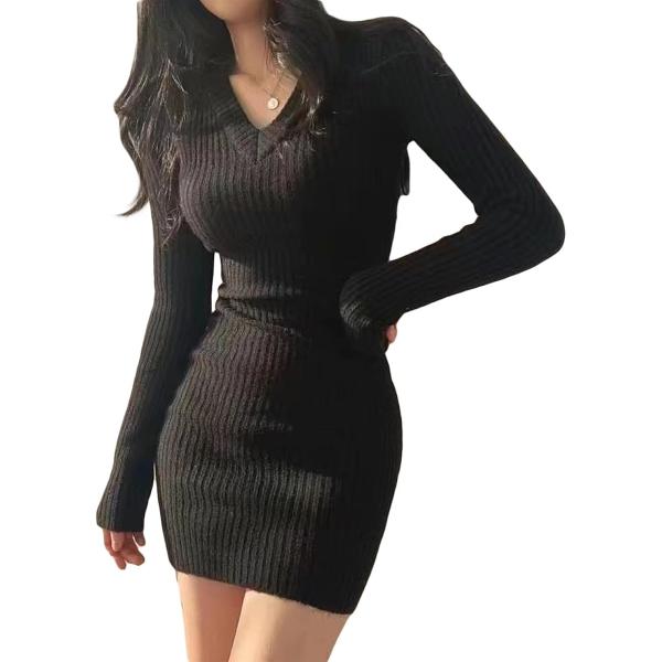 ニット ワンピース レディース セクシー リブ セーター 長袖 Vネック タイト JP Free(ブ...