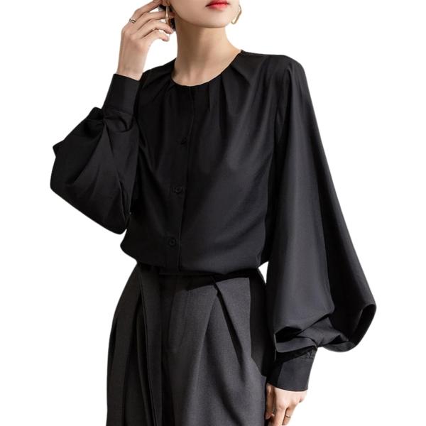 モード系 レディース ブラウス トップス シャツ パフスリーブ バルーン袖 長袖 丸首 きれいめ 女...