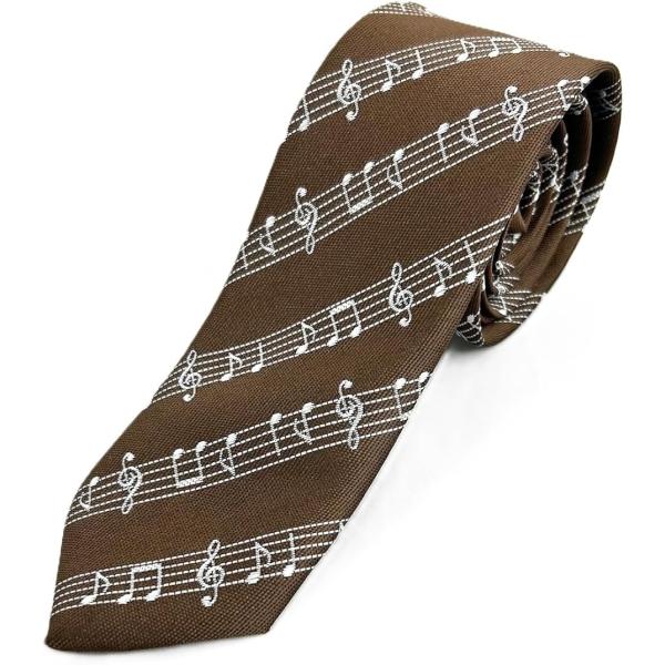 日本製 音符シリーズ6cm音譜柄 五線譜柄 ネクタイ (ブラウン/シルバー)