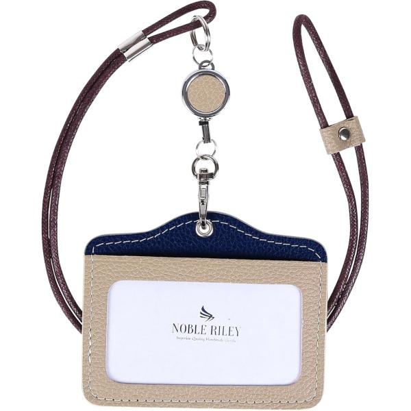 idカードホルダー リール 縦 横 本革 軽量 社員証 icカードケース(ベージュネイビー,  よこ...